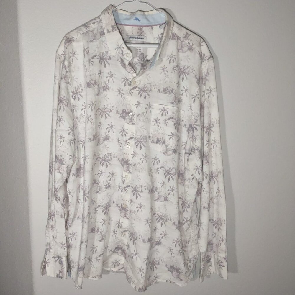 Tommy Bahama Men's Linen Blend Cream/Grey Tropical Print Button Up XXL